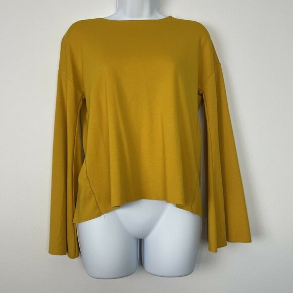TopShop Mustard Yellow Bell Sleeve Open Back Raw Hem - Picture 1 of 6
